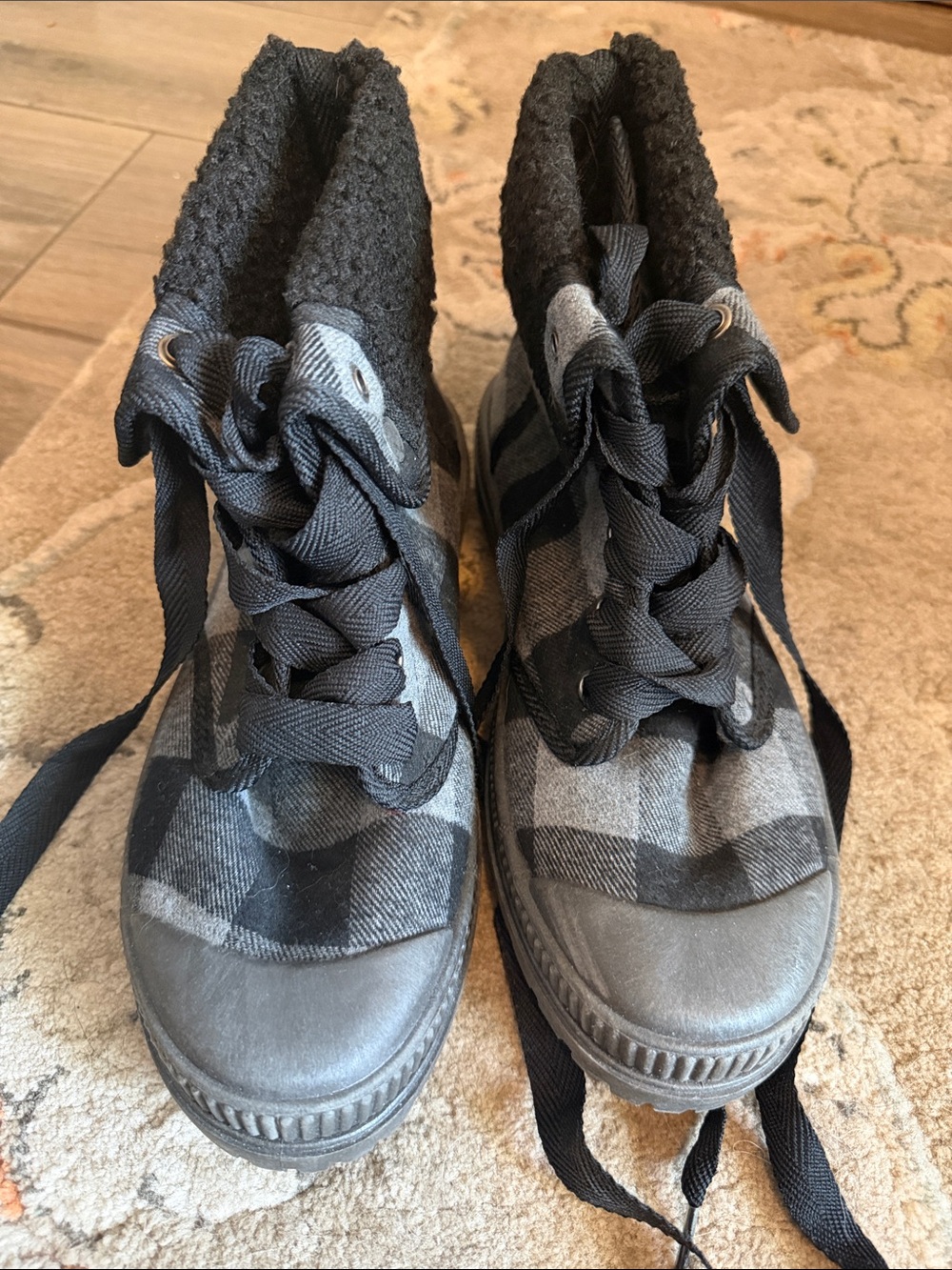 Very G Black and Gray Plaid Combat Boots